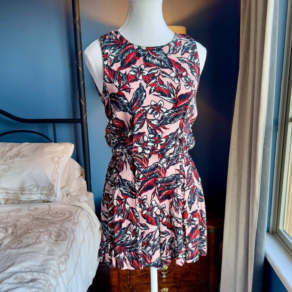 Zara Pink with  Red, Black, and White Tropical Floral Pattern Sleeveless Romper